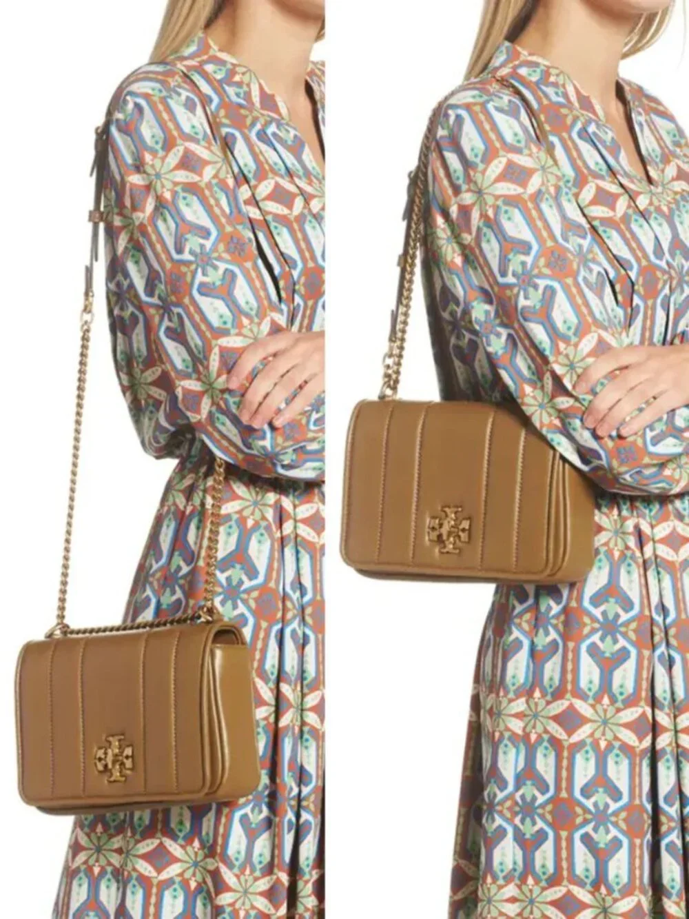 Tory Burch Kira Chain Shoulder‎ Bag Toasted Sesame Rolled Gold Leather Crossbody